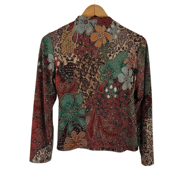 Graff Metallic Floral Blouse Medium Draped V Neck Long Sleeve Colorful Stretch - Picture 2 of 7